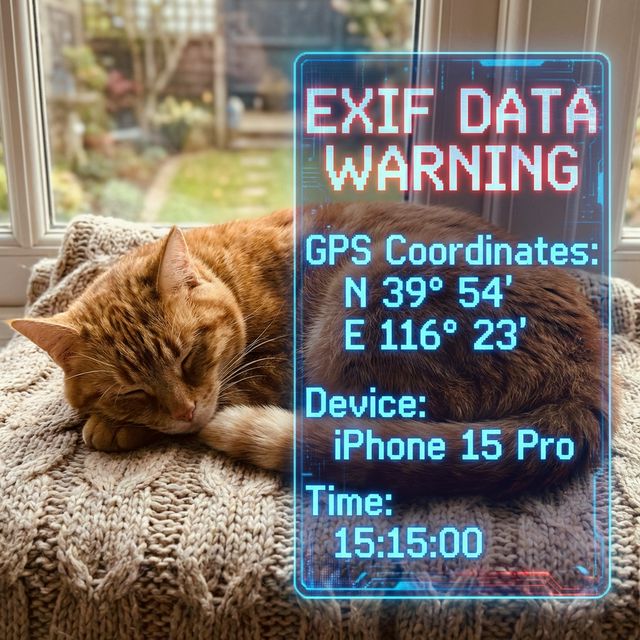 EXIF-Datenleck-Warnung hinter einem Katzenfoto