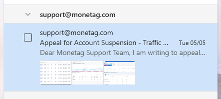 Tangkapan layar email yang dikirim ke dukungan resmi Monetag